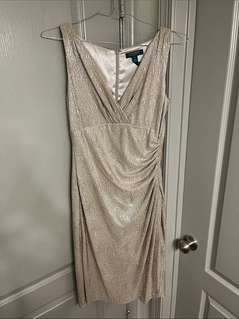 Lauren Ralph Lauren Shimmery Champagne V-Neck Midi Dress